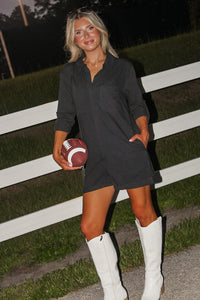 Count Me In Button Down Romper - Charcoal