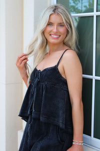 Effortless Days Mineral Washed Tie Top - Black