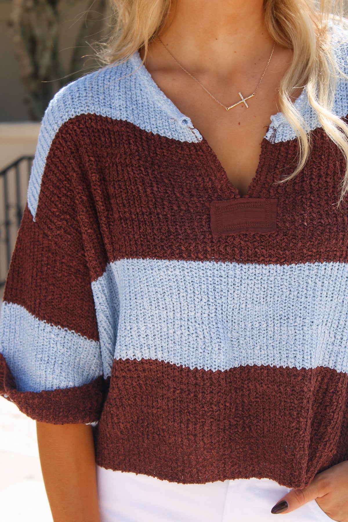 Cozy Dreams Striped Cropped Sweater - Brown/Blue