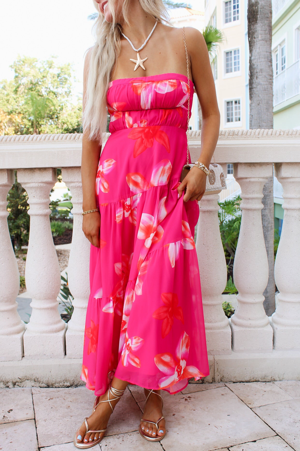 Island Orchid Strapless Midi Dress - Fuchsia