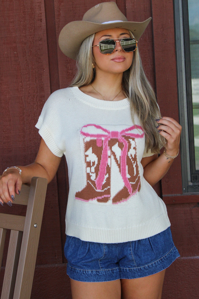 Boots & Bows Short Sleeve Knit Sweater - Cream