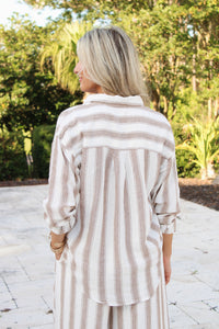 Z Supply: The Perfect Linen Stripe Button Up- Lt Toffee