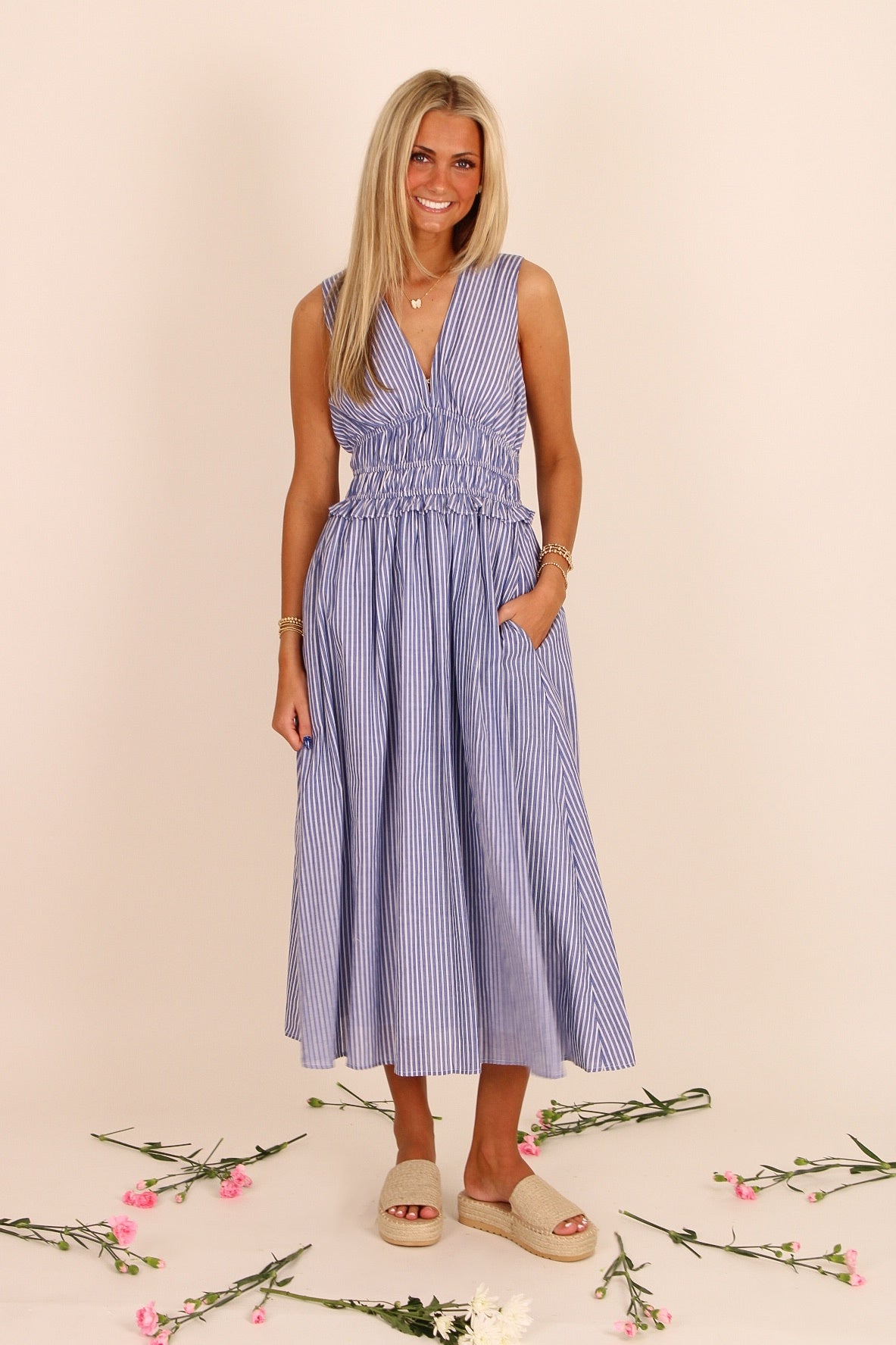 Coastal Moments Striped Midi Dress - Blue/White