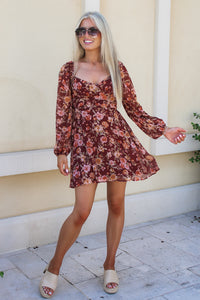 Autumn Harvest Floral Mini Dress - Cinnamon