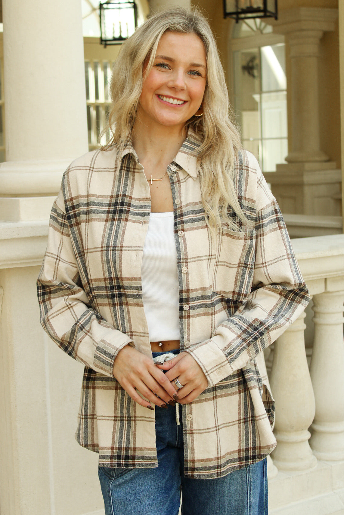Perfectly Planned Plaid Button Down Top - Khaki Multi