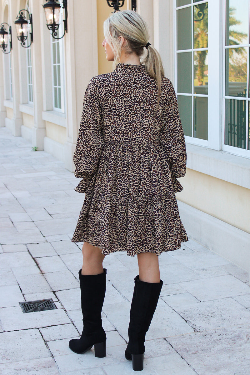 Ready To Roar Leopard Print Tiered Mini Dress - Taupe