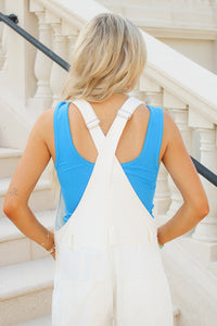 Ribbed Scoop Neck Button Front Tank Top - Turquoise