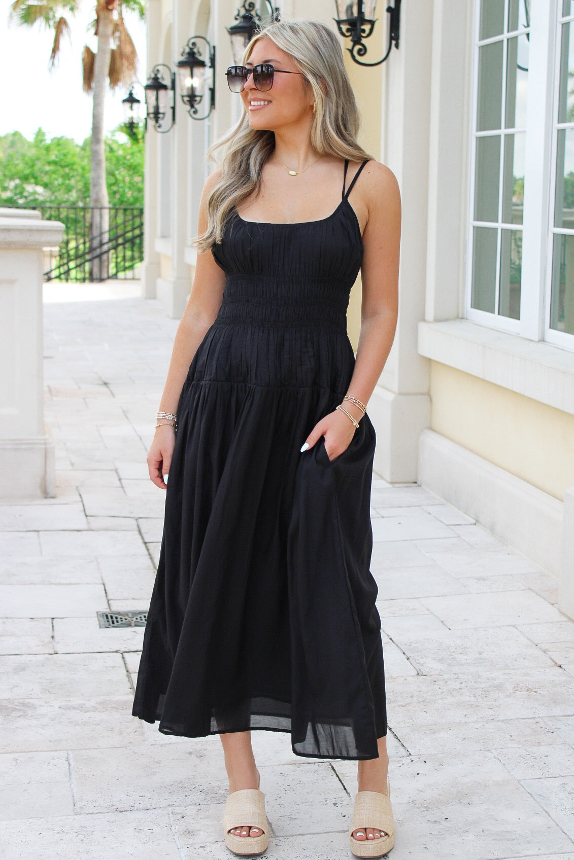 Date Night Dinners Smocked Maxi Dress - Black
