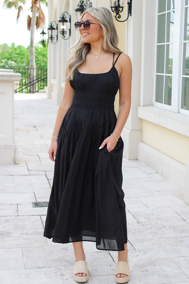 Date Night Dinners Smocked Maxi Dress - Black