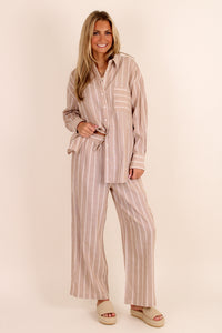 Understated Edge Striped Pants - Almond