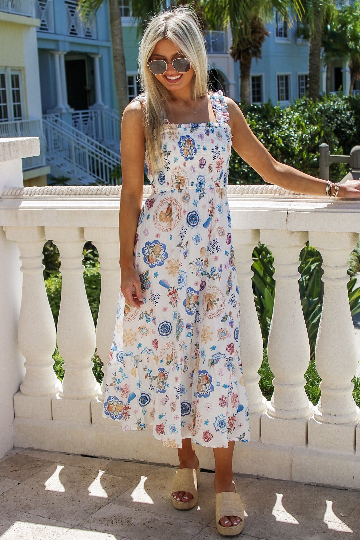 Summer Brunch Date Smocked Midi Dress - Blue