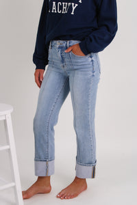 Amanda High Rise Ankle Straight Wide Cuff Jeans - Light Wash
