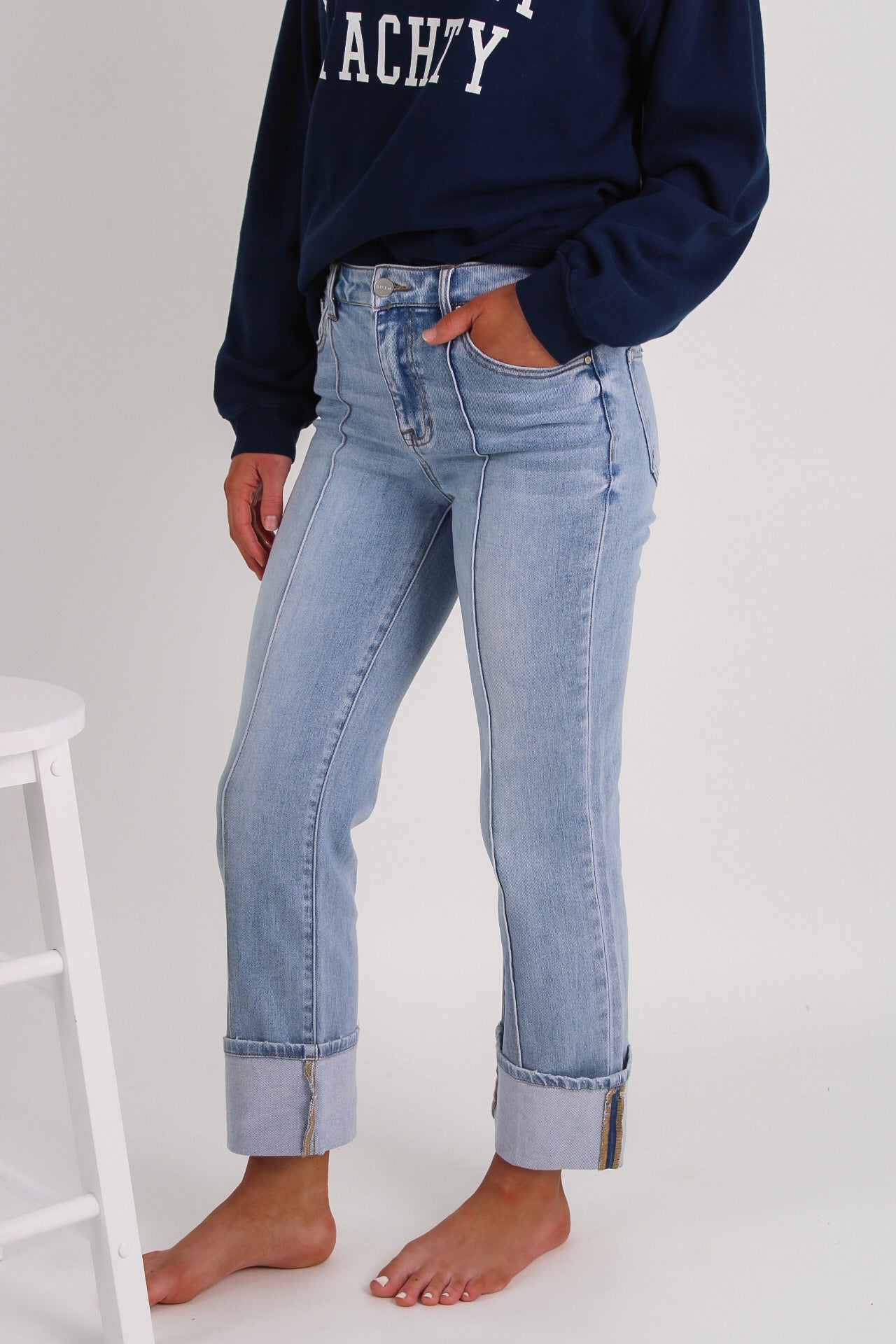 Amanda High Rise Ankle Straight Wide Cuff Jeans - Light Wash