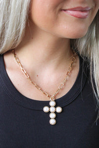 Pearl Studded Cross Toggle Necklace