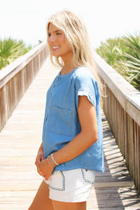 Blue Haven Henley Ruched  Top - Chambray