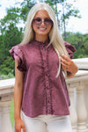 Cheer With Me Flutter Sleeve Top -  Wine