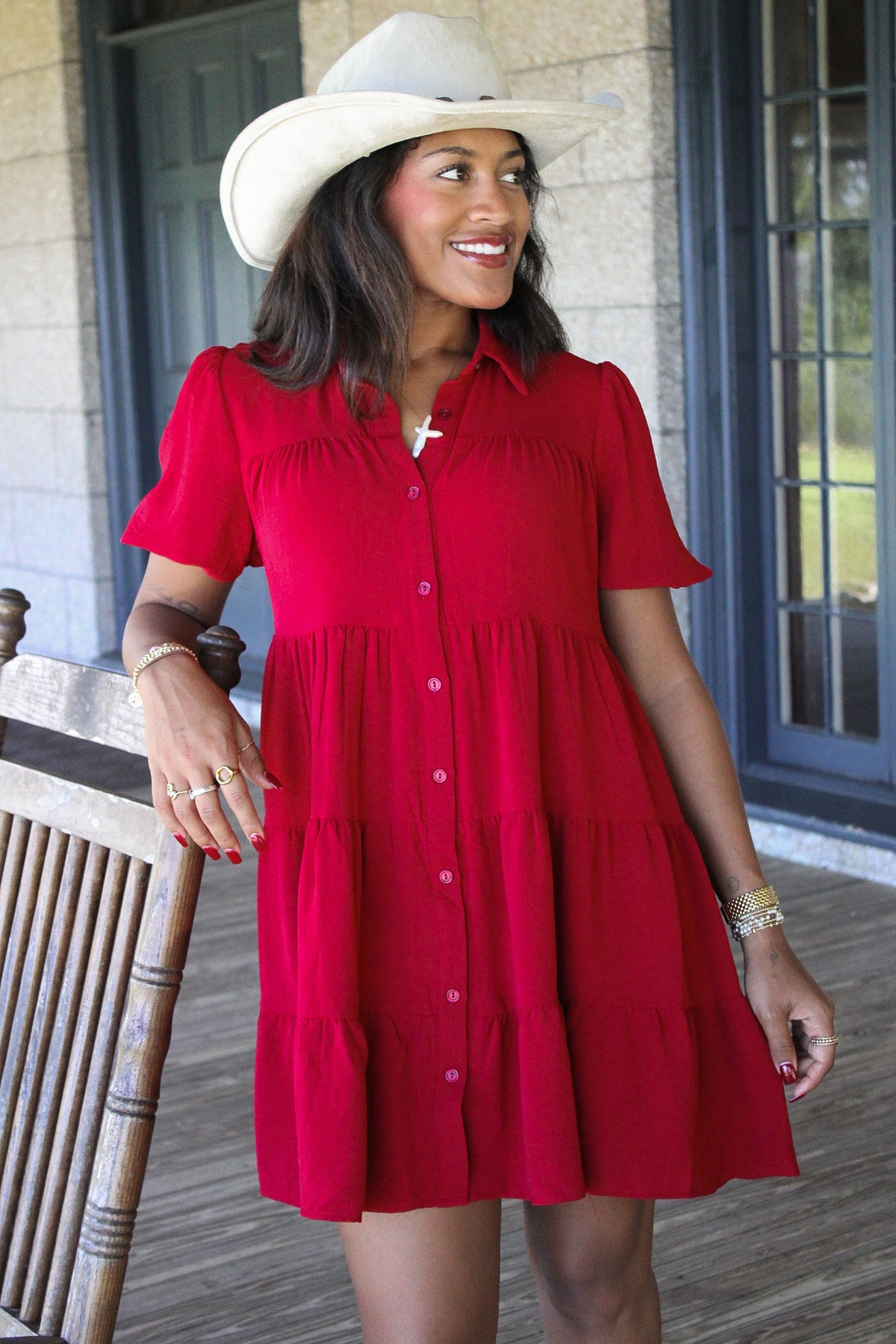 Casual Trip Bell Sleeve Tiered Dress - Burgundy