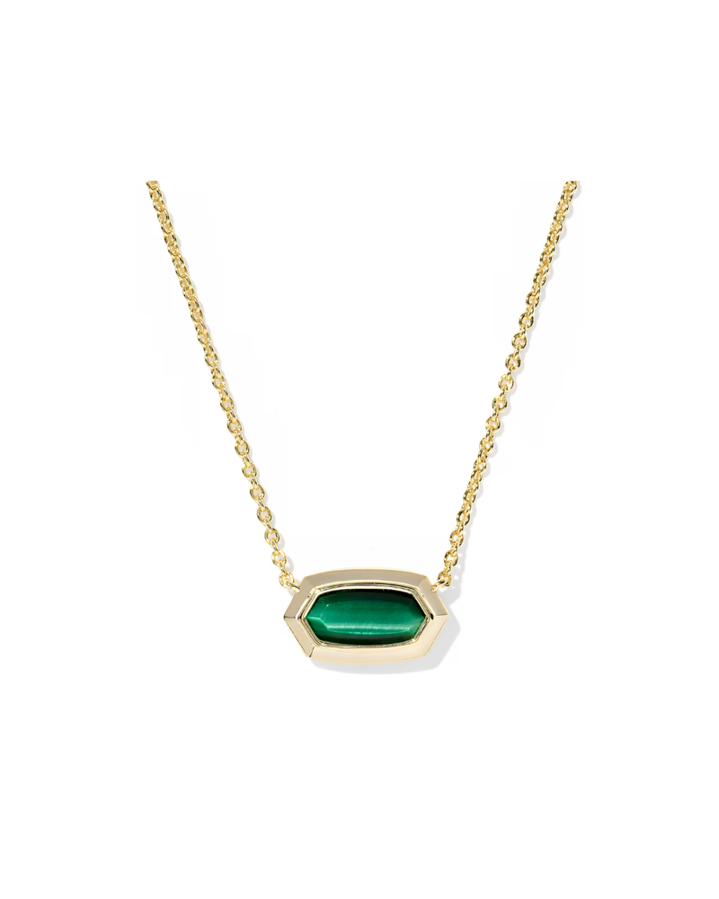 Kendra Scott: Elisa Bezel Gold Short Pendant Necklace in Green Tigers Eye