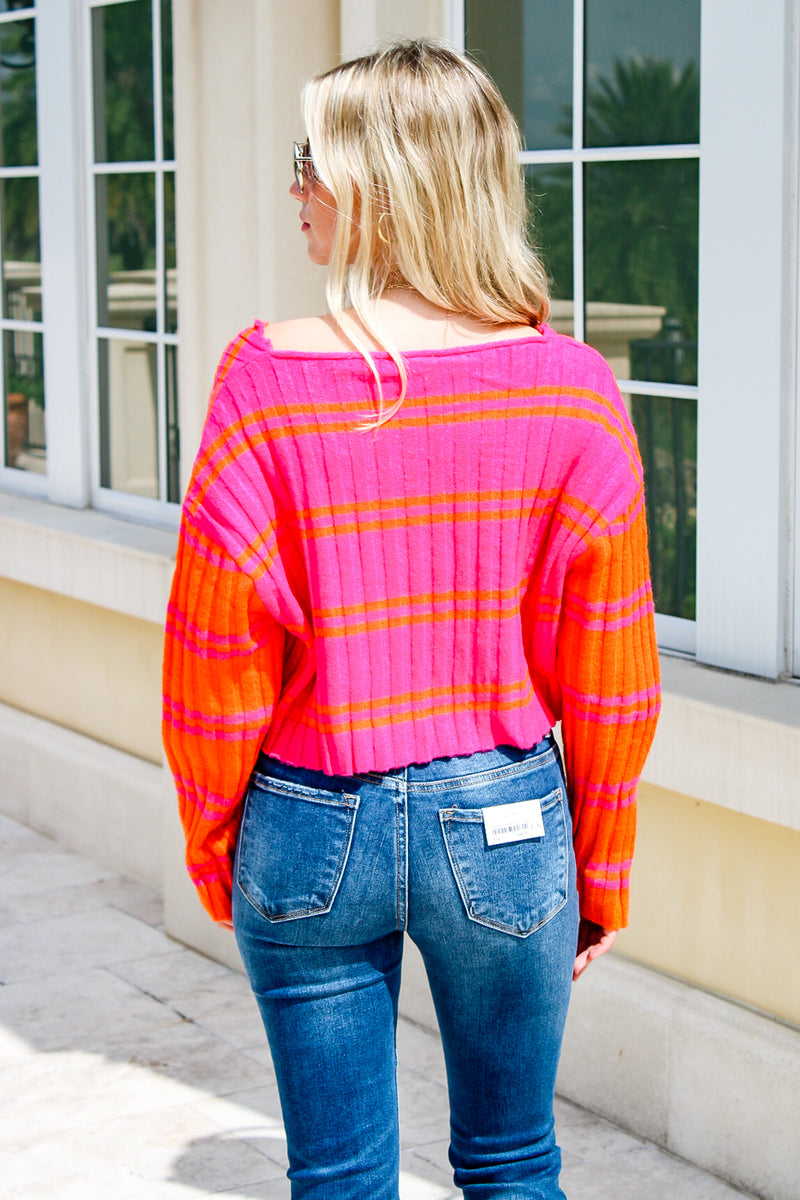 Be Bold Distressed Cropped Sweater - Pink/Orange | Makk Fashions