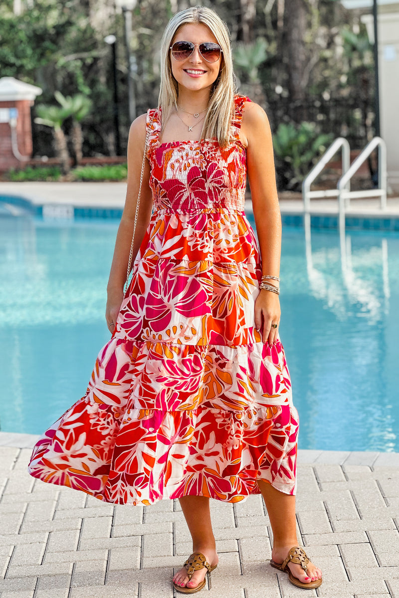Be Bold Tropical Print Dress - Orange | Makk Fashions