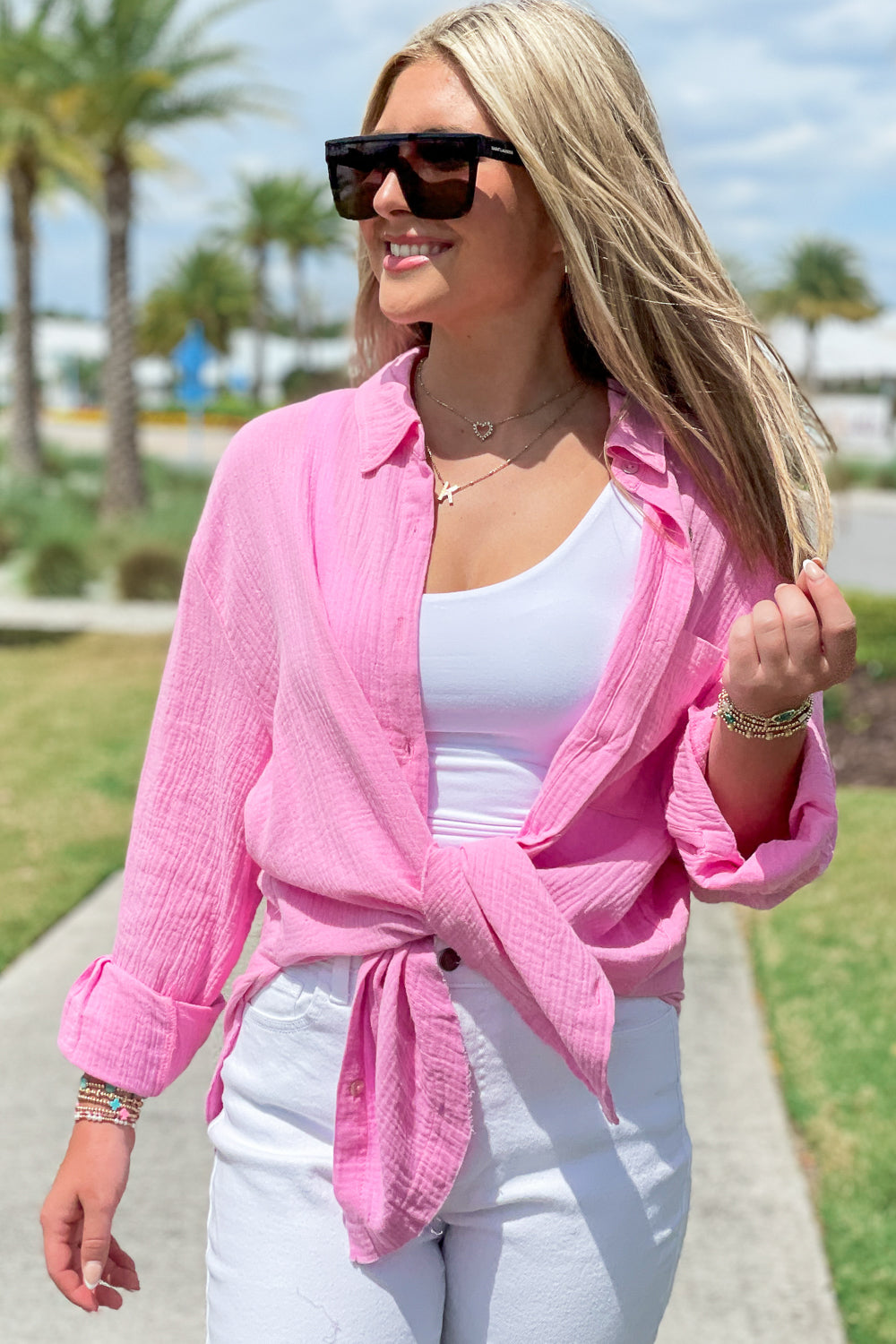 "Beach Bum" Embroidered Gauze Top - Pink | Makk Fashions