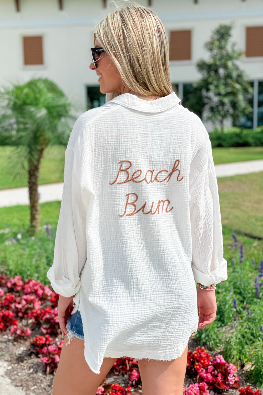 "Beach Bum" Embroidered Gauze Top - White | Makk Fashions
