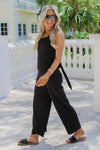 Beach Shores Linen Tie-Back Jumpsuit - Black | Makk Fashions