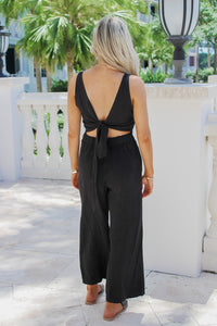 Beach Shores Linen Tie-Back Jumpsuit - Black | Makk Fashions