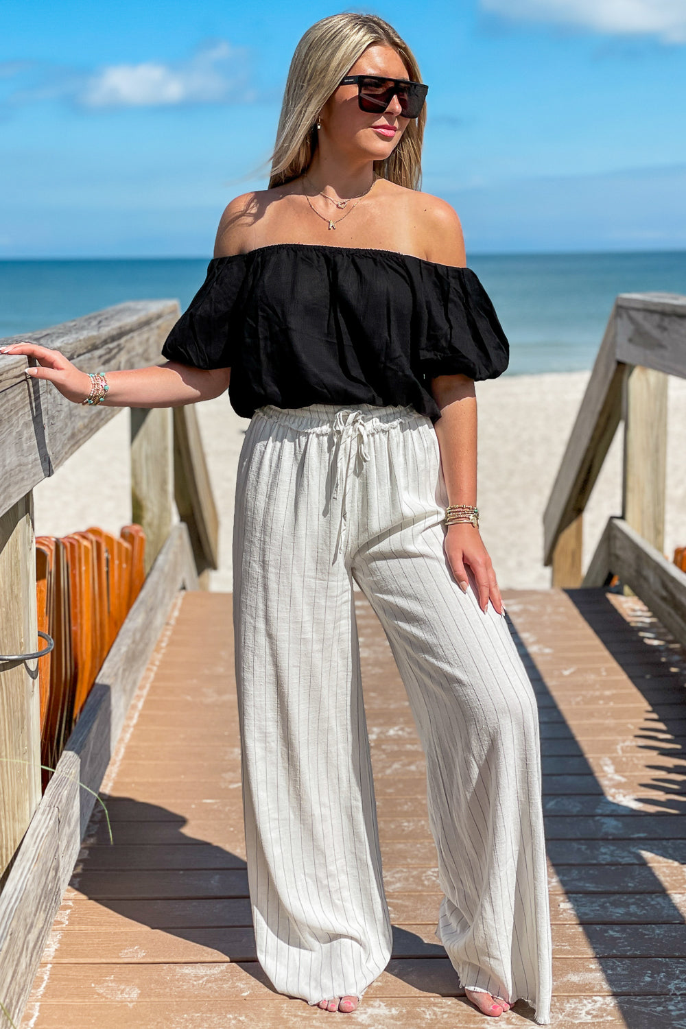 Beach Walks Striped Linen Pants - White/Black | Makk Fashions