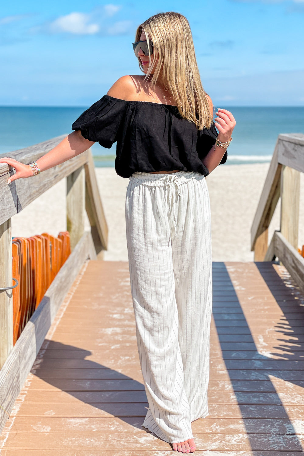 Beach Walks Striped Linen Pants - White/Black | Makk Fashions