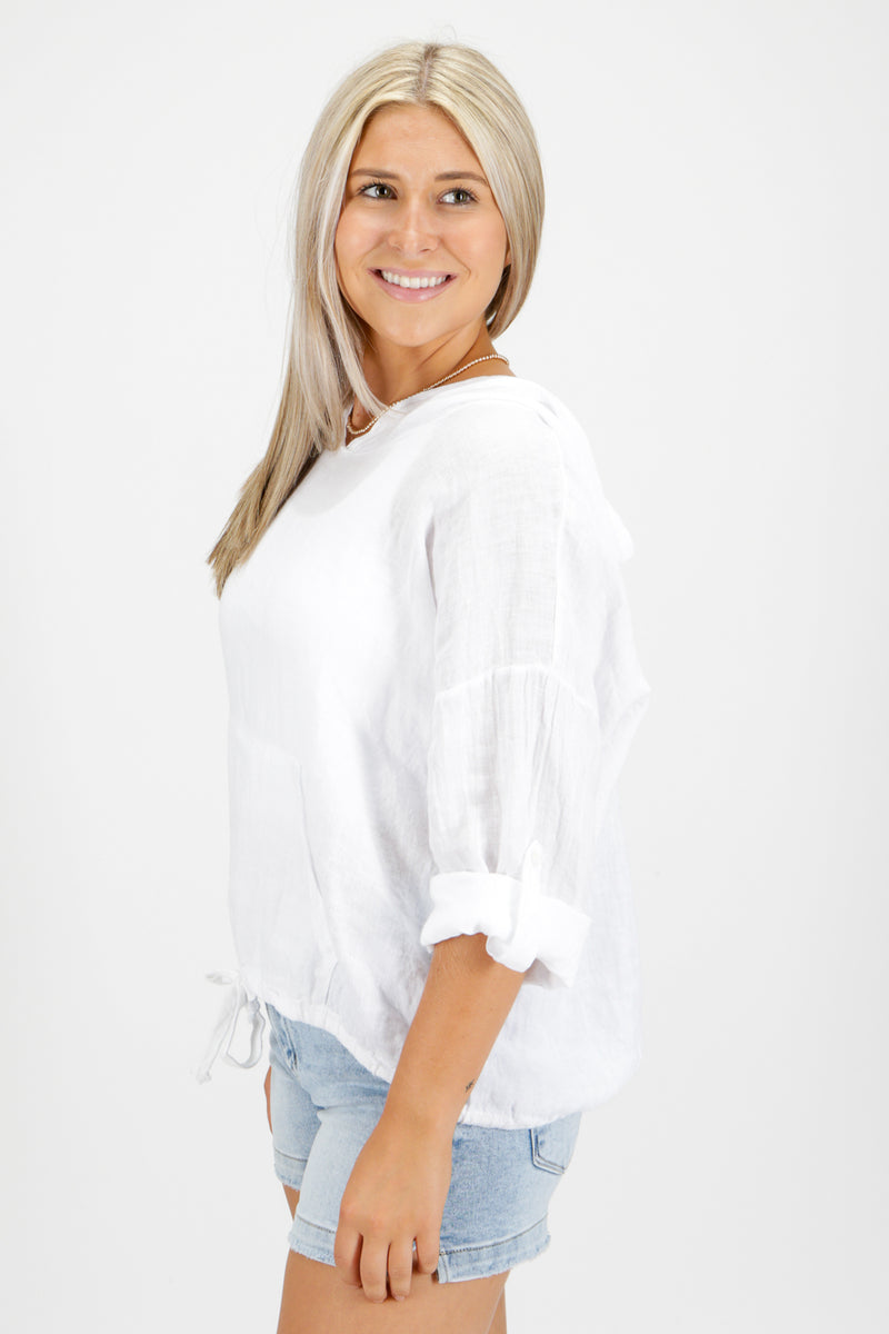 Breezing By Linen Hoodie Top - White | Makk Fashions