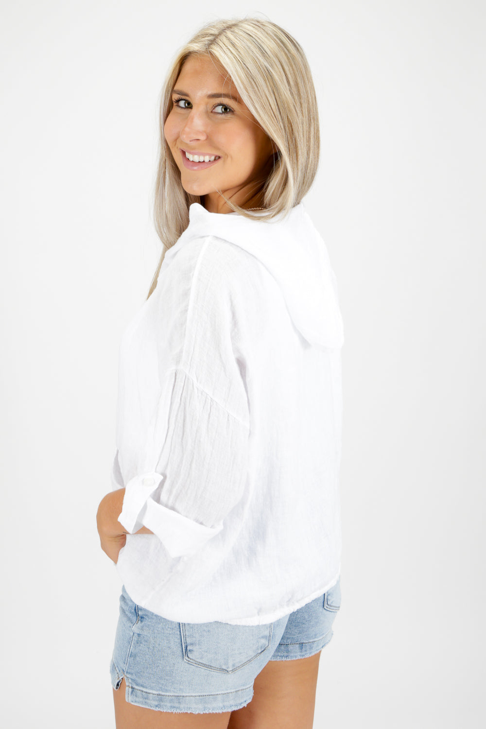 Breezing By Linen Hoodie Top - White | Makk Fashions