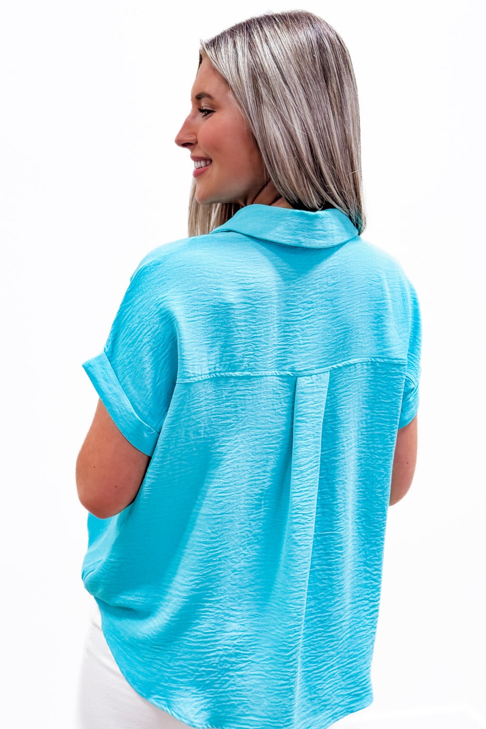 Brighten Your Day Collared Top - Aqua | Makk Fashions