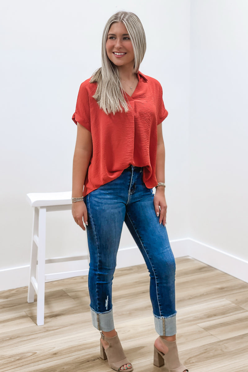 Brighten Your Day Collared Top - Red Brick