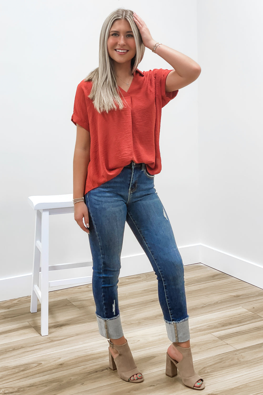 Brighten Your Day Collared Top - Red Brick