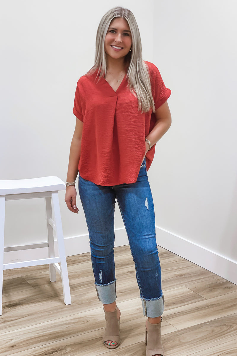 Brighten Your Day Collared Top - Red Brick