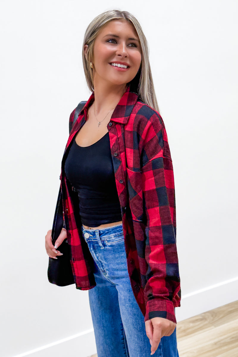 By The Campfire Oversized Flannel - Red/Black | Makk Fashions