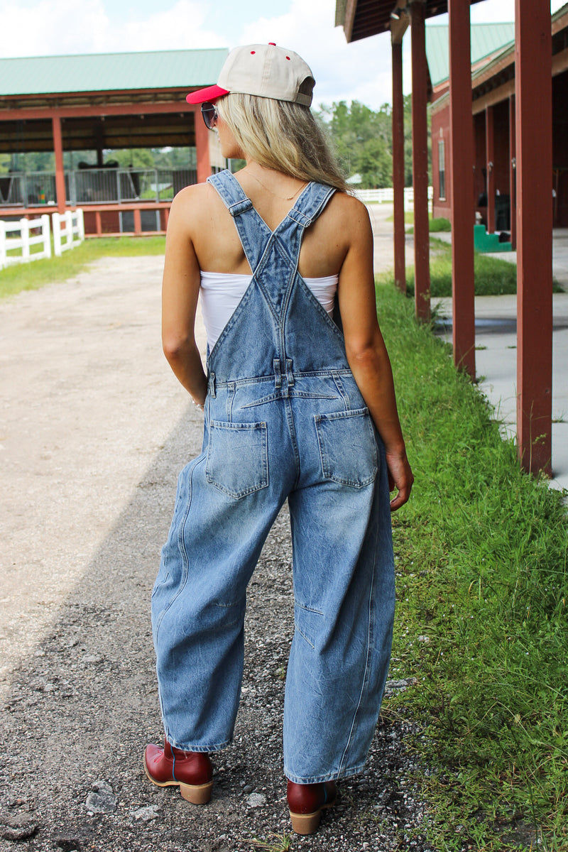 All The Attention Barrel Leg Jumpsuit - Med Wash