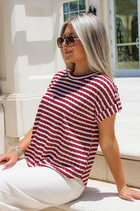 Gathering Around Stripe Knit Top - Burgundy