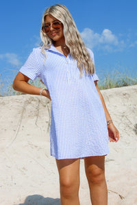 Ready To Sail Seersucker Shirt Dress - Blue/White