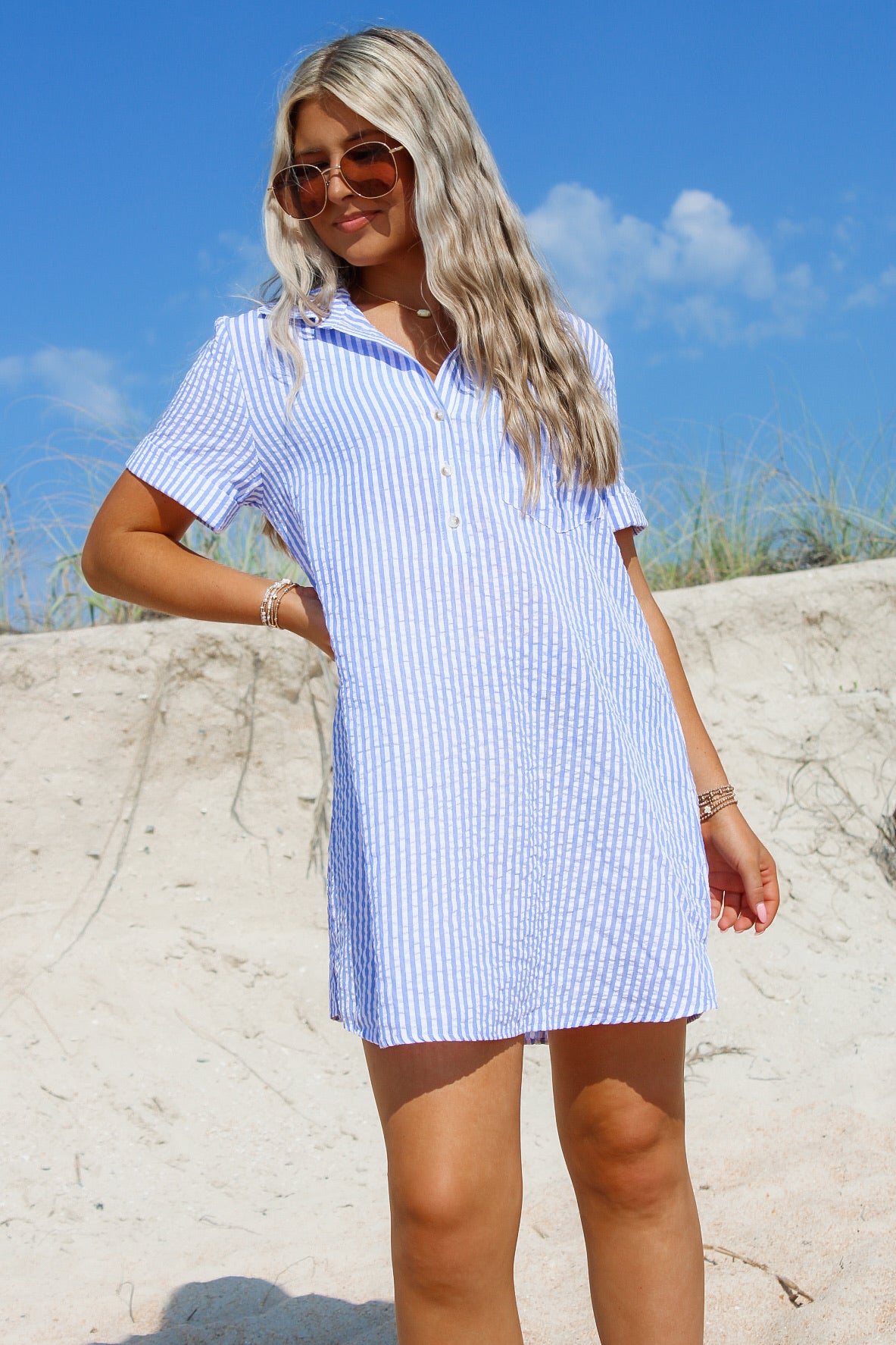 Ready To Sail Seersucker Shirt Dress - Blue/White