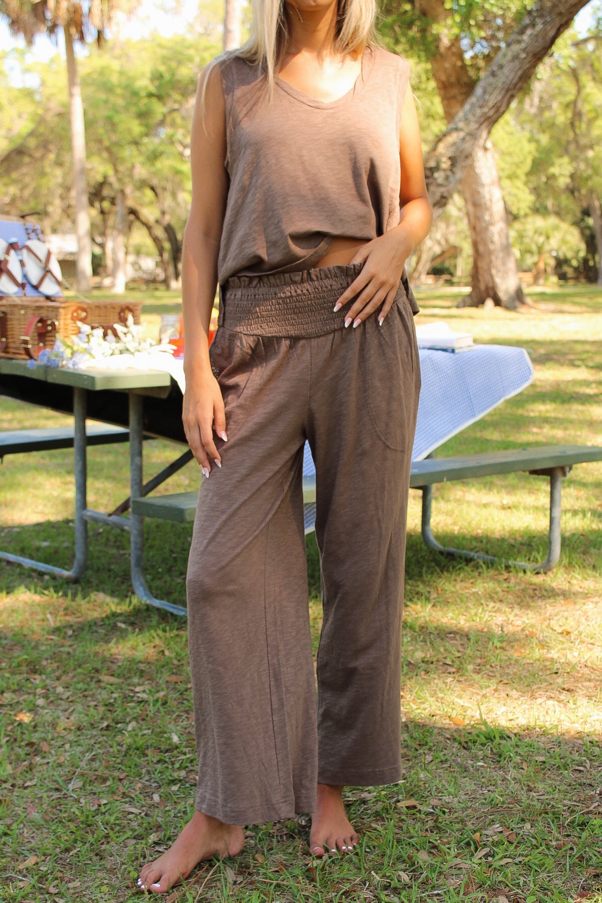 Bare Comfort Smocked Waist Pants - Brown