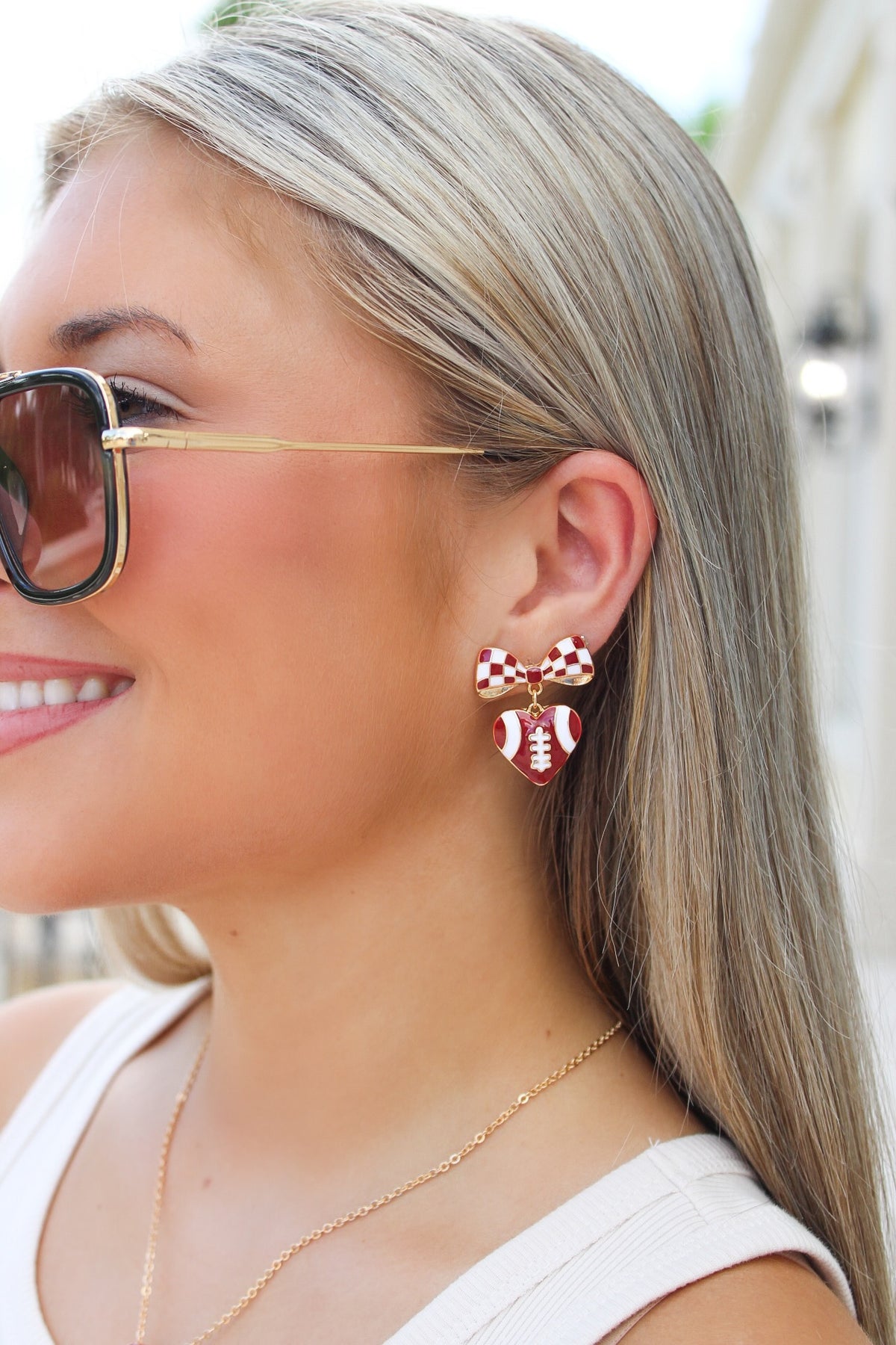 Gameday Heart Football Earrings - Burgundy