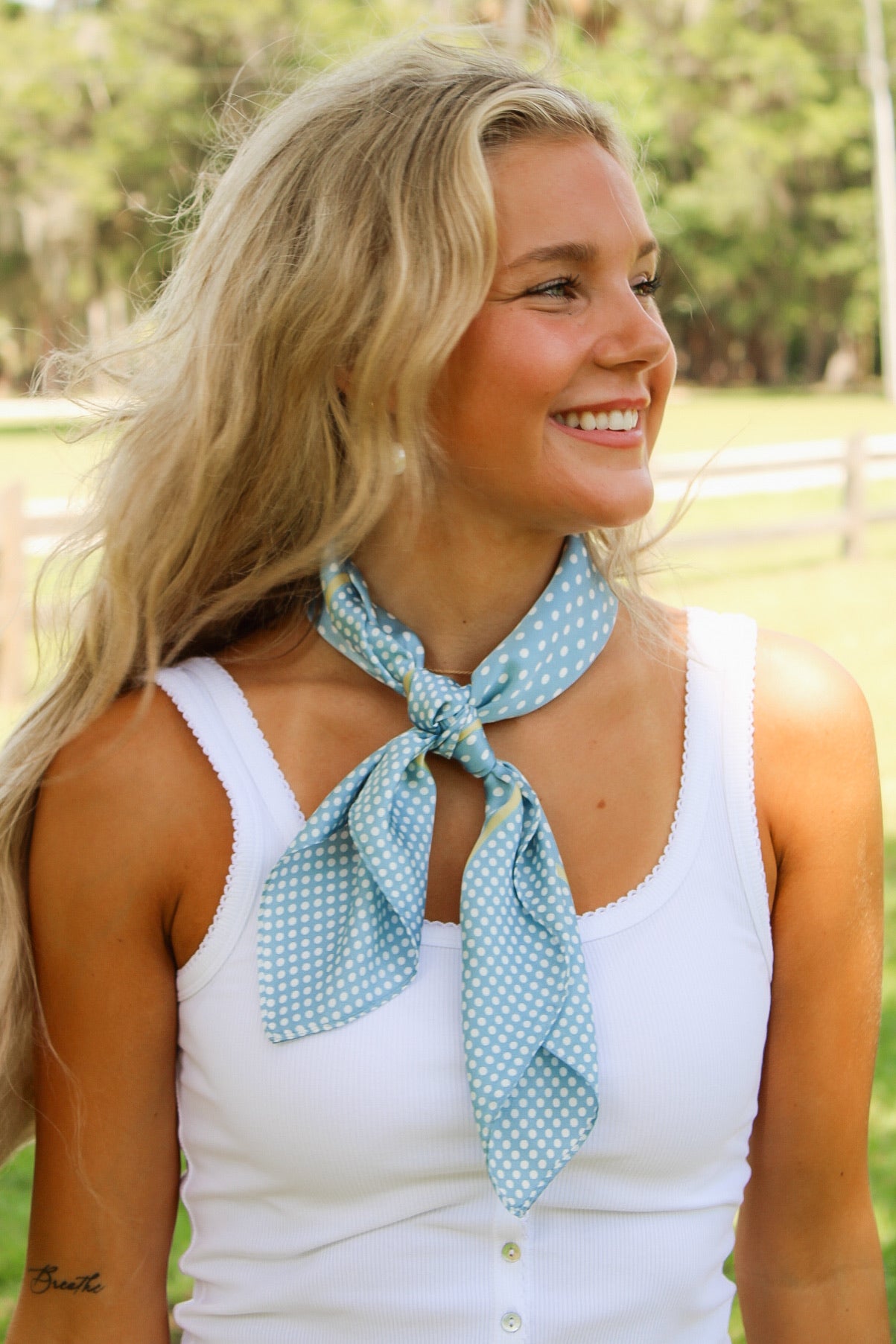 Polka Dot Square Silky Scarf - Blue
