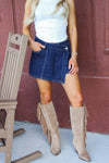 Adaline High Waisted Asymmetrical Mini Skort - Dk Denim