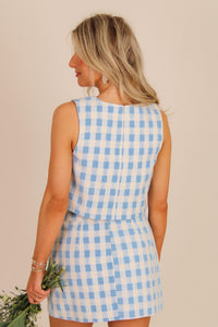 Sweet Escape Textured Plaid Crop Top - Blue