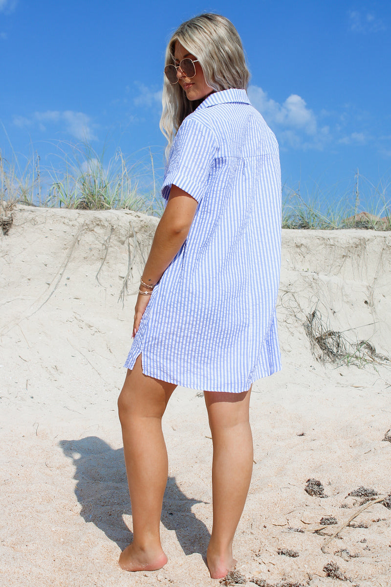 Ready To Sail Seersucker Shirt Dress - Blue/White Makk Fashions Ready To Sail Seersucker Shirt Dress - Blue/White Makk Fashions