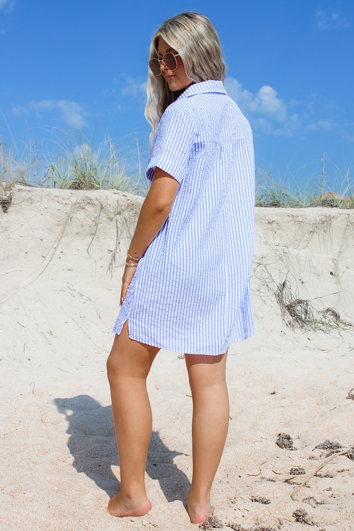 Ready To Sail Seersucker Shirt Dress - Blue/White