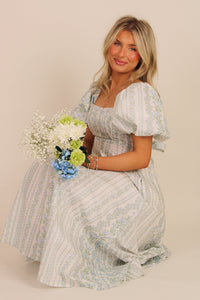 Sweet Moments Floral Print Puff Sleeve Midi Dress -Blue