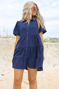 Casual Trip Bell Sleeve Tiered Dress - Navy